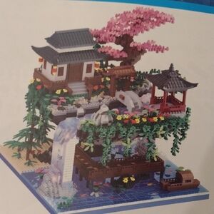 Miniature Japanese Garden Sculpture with Pink Cherry Blossom